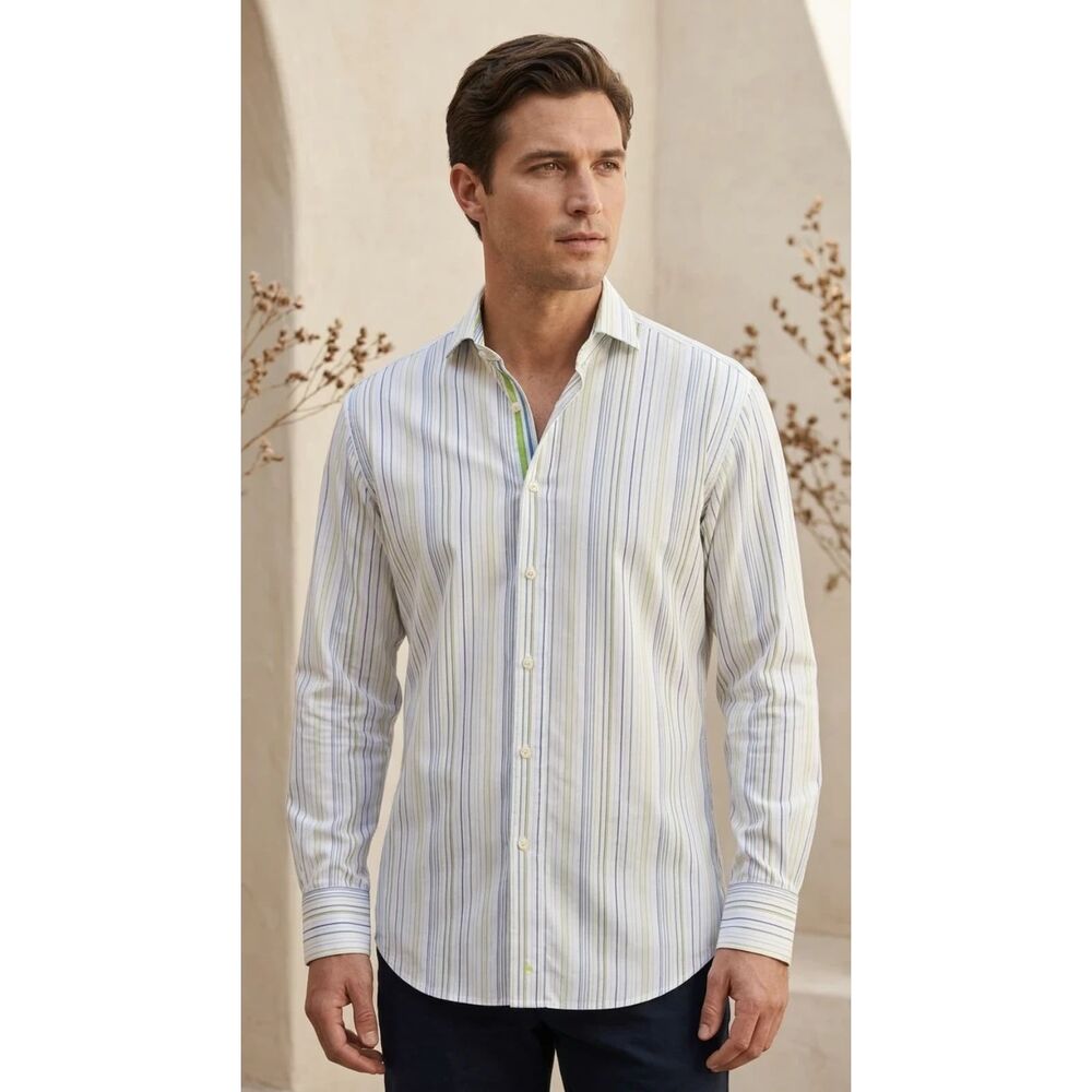 Tailorbyrd White with blue and lime green vertical stripes 100% cotton, Size M